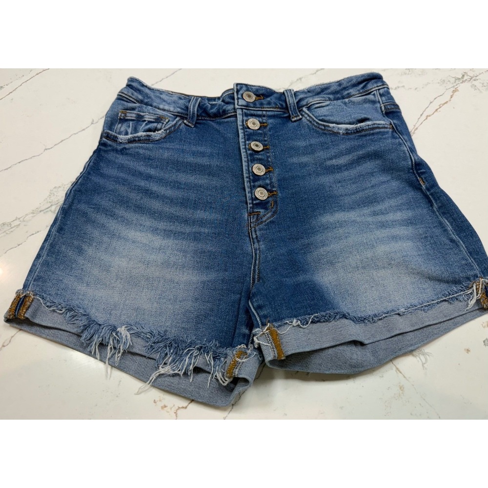 Vervet High Rise Button Fly Denim Shorts Medium Wash Frayed Raw Hem Large
